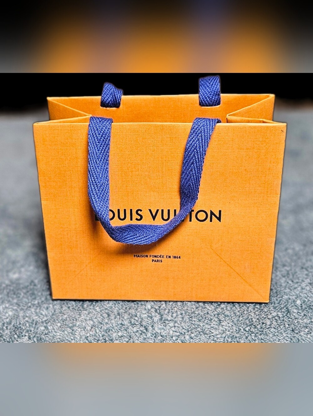 Authentic Louis Vuitton Small Orange Paper Shopping Gift Bag Blue Cloth Handles